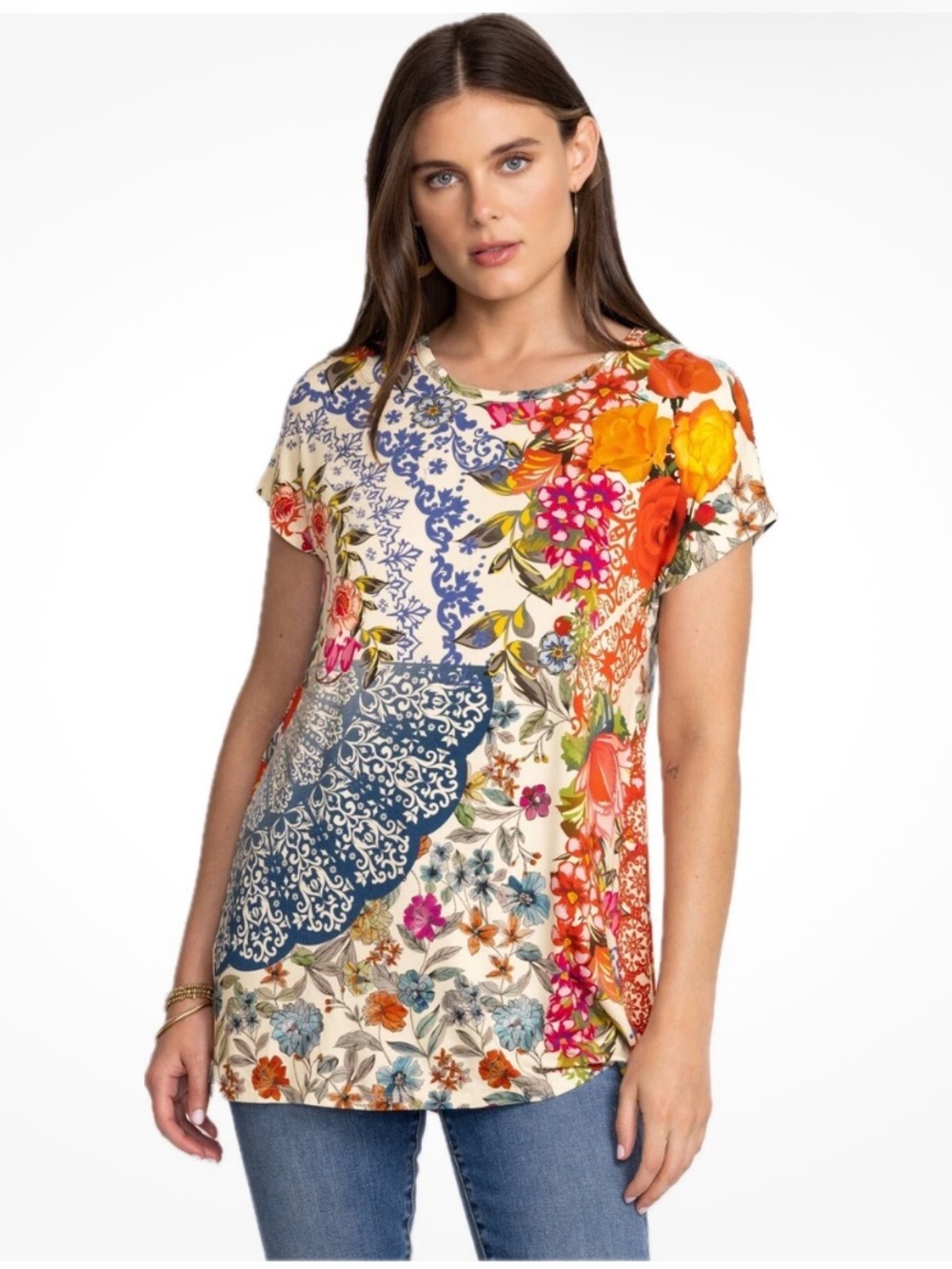 JOHNNY WAS Tango Relaxed Dolman Sleeve Floral Multicolor Boho Tunic Size XL